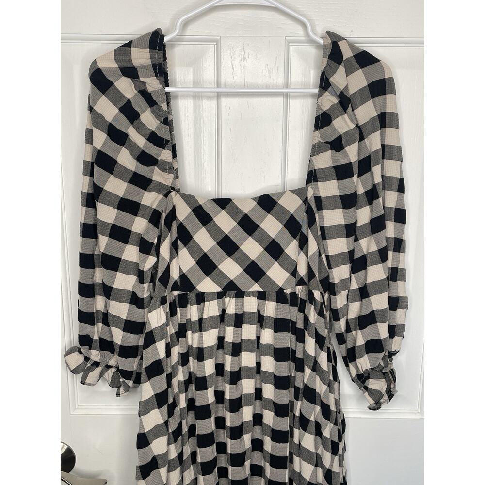 Storia Women’s Babydoll Buffalo Check Mini Dress Sz M Puff Sleeve Peasant Boho - Picture 2 of 10